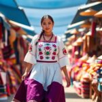 Mujer con traje típico en mercado colorido