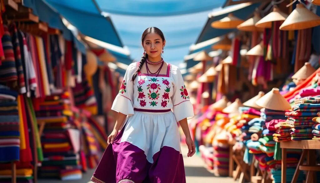 Mujer con traje típico en mercado colorido