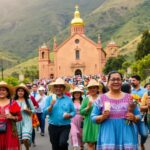 Peregrinación a iglesia en paisaje montañoso