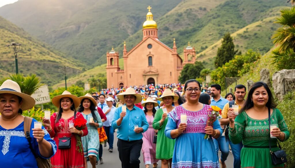 Peregrinación a iglesia en paisaje montañoso