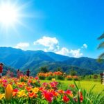 Familia disfrutando en jardín florido y soleado