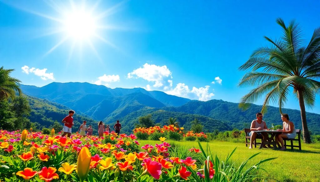 Familia disfrutando en jardín florido y soleado