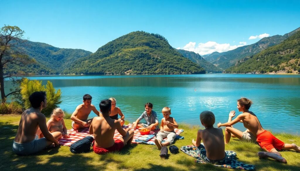 Personas haciendo picnic junto al lago y montañas