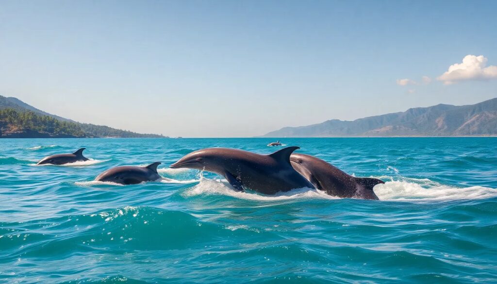 Delfines saltando en el océano cerca de montañas.