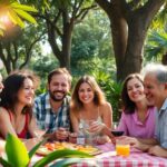 Grupo sonriente disfrutando picnic en el parque.