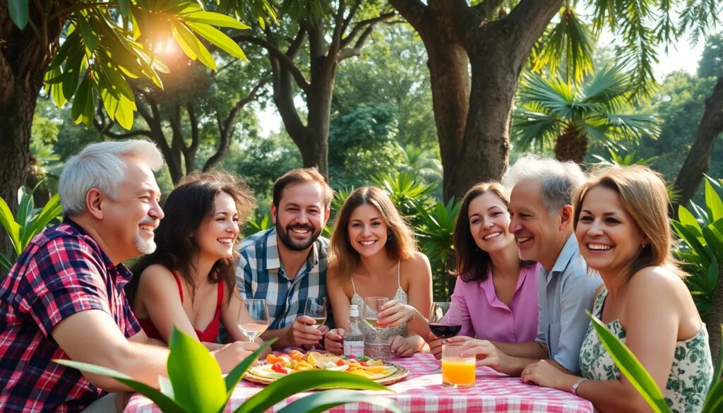 Grupo sonriente disfrutando picnic en el parque.
