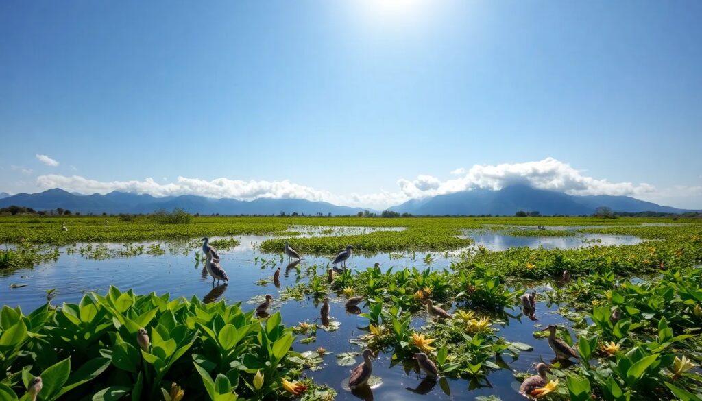 Lago natural con aves y montañas al fondo