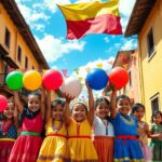 Niñas felices con globos en una calle festiva.