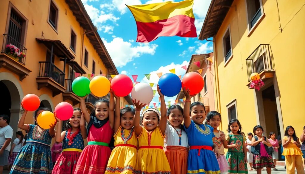 Niñas felices con globos en una calle festiva.