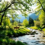 Bosque verde con ciervos y río