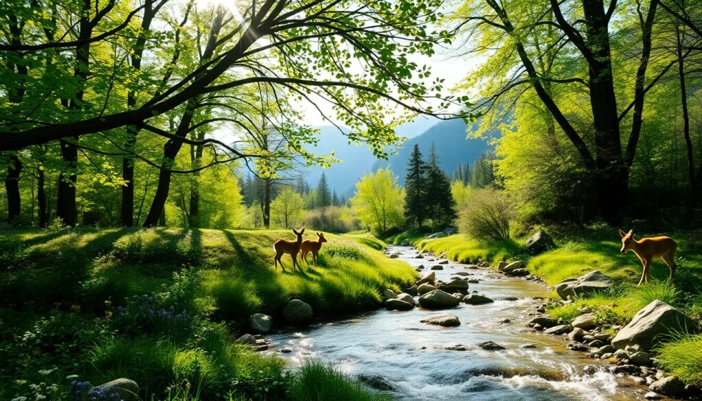 Bosque verde con ciervos y río