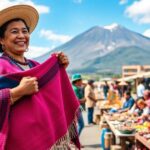 Mujer sonriente en mercado tradicional, montaña al fondo.
