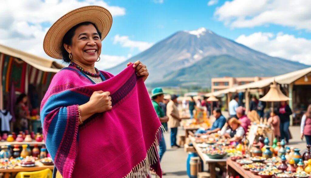 Mujer sonriente en mercado tradicional, montaña al fondo.