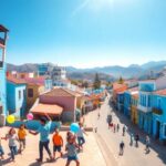 Niños jugando en calle colorida de un pueblo