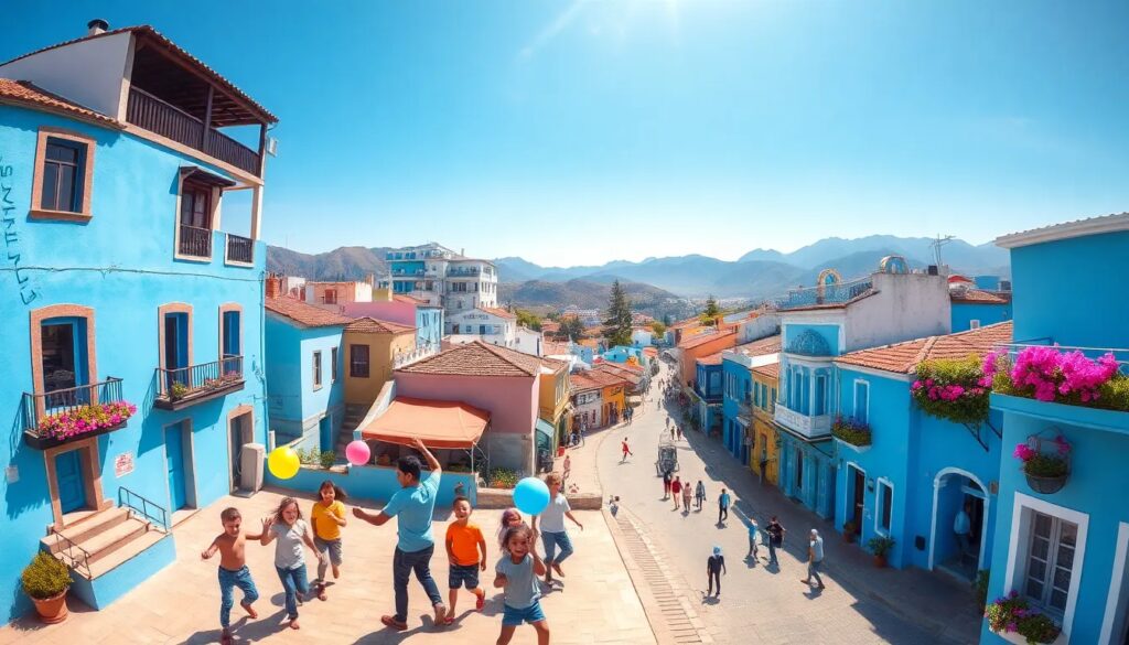 Niños jugando en calle colorida de un pueblo