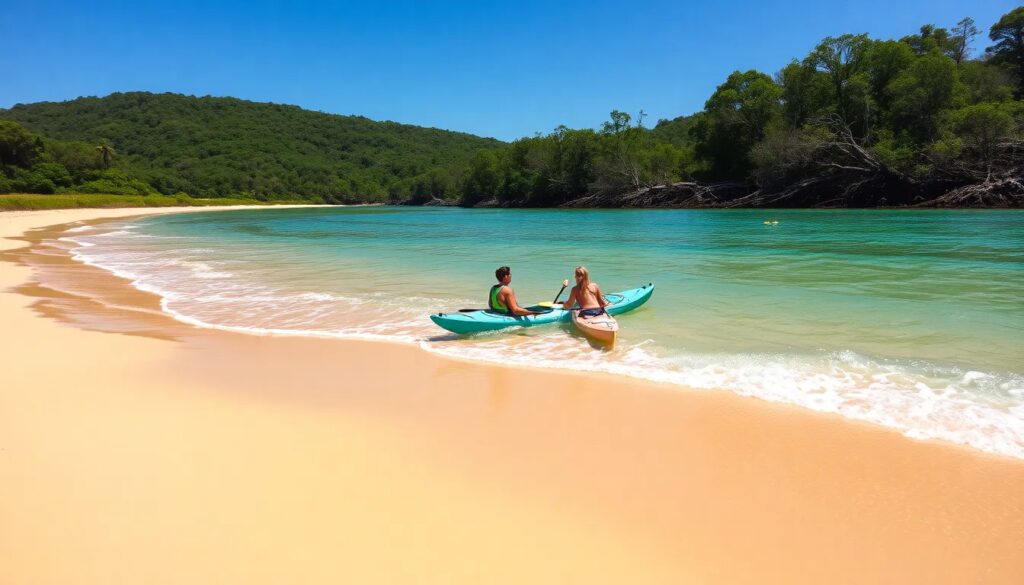 Dos personas en kayak en playa tropical