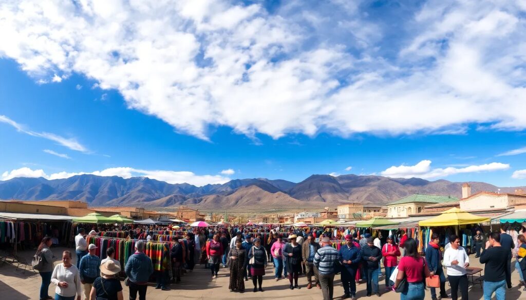 Mercado al aire libre con fondo montañoso