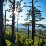 Bosque de pinos con montañas al fondo