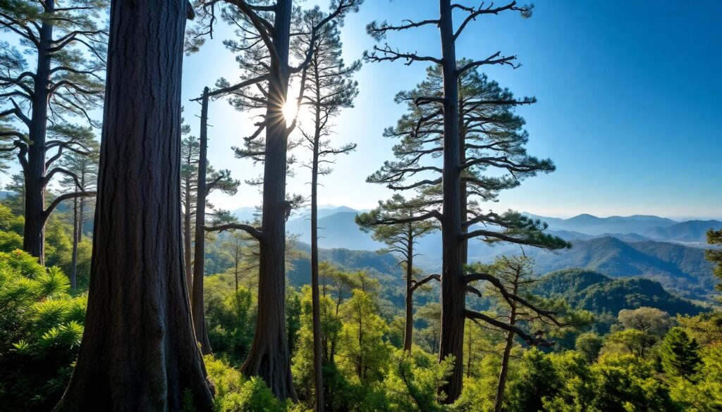 Bosque de pinos con montañas al fondo