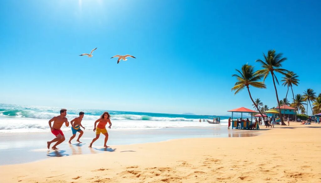 Personas corren en playa soleada con palmeras