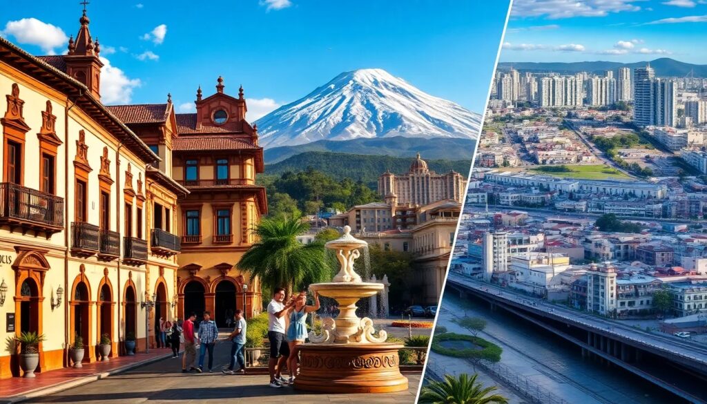 Ciudad comparada con paisaje montañoso y urbano