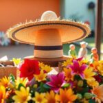 Sombrero mexicano rodeado de flores coloridas.