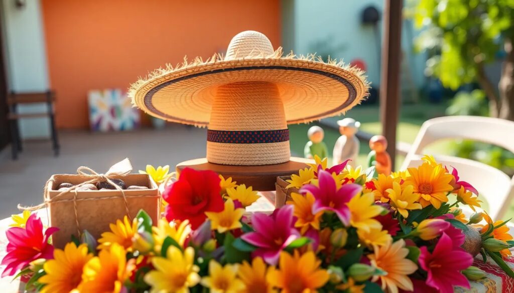 Sombrero mexicano rodeado de flores coloridas.