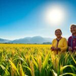 Personas sonrientes en campo de maíz soleado
