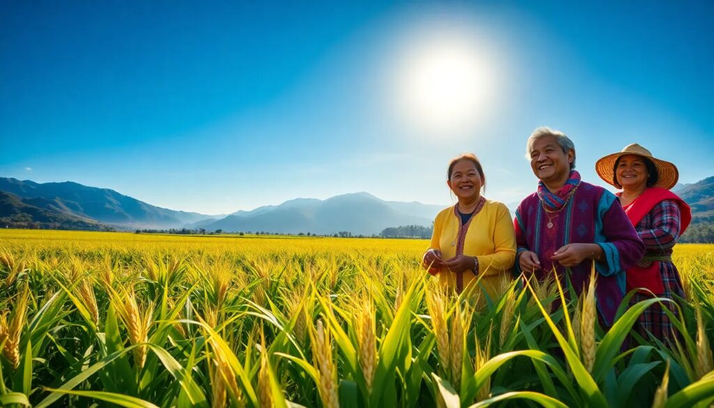 Personas sonrientes en campo de maíz soleado