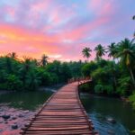 Puente de madera entre palmeras al atardecer
