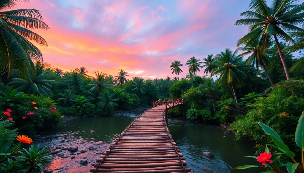 Puente de madera entre palmeras al atardecer