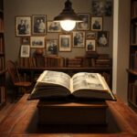 Biblioteca antigua con libro abierto sobre mesa
