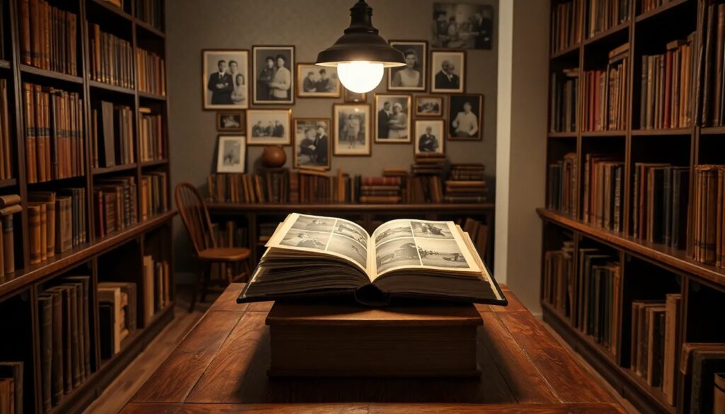 Biblioteca antigua con libro abierto sobre mesa