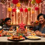 Familia sonriente cenando bajo luces festivas.