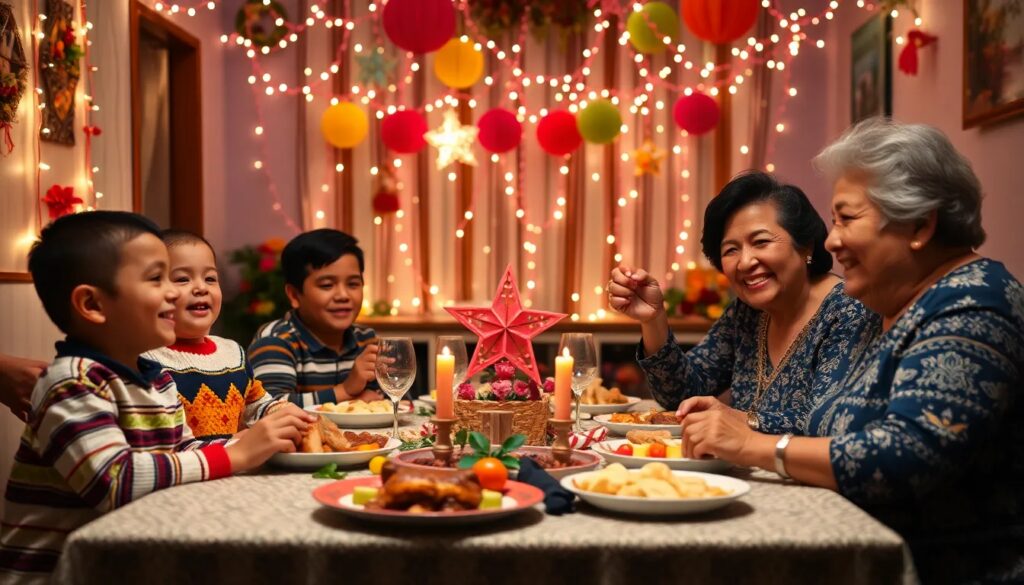 Familia sonriente cenando bajo luces festivas.