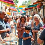 Personas disfrutando en mercado artesanal con decoraciones coloridas.