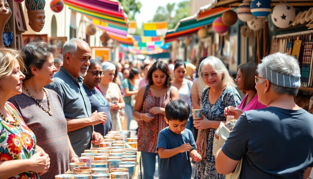Personas disfrutando en mercado artesanal con decoraciones coloridas.