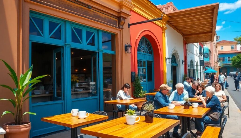 Personas conversando en terraza de café colorido.