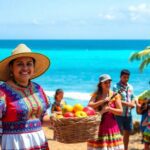 Personas con trajes coloridos en la playa tropical.