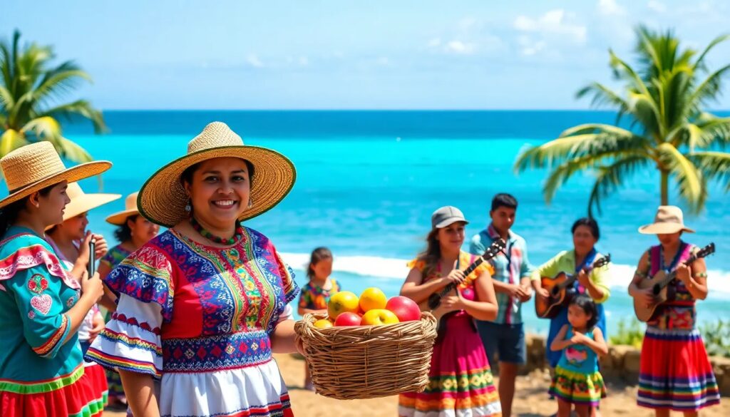 Personas con trajes coloridos en la playa tropical.
