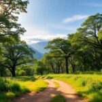 Sendero arbolado bajo sol brillante en bosque