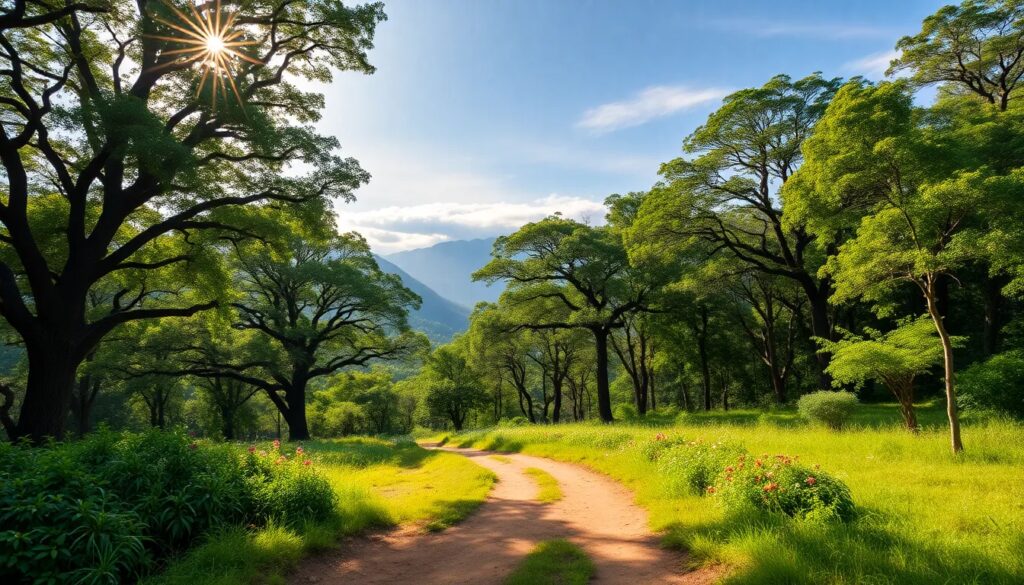 Sendero arbolado bajo sol brillante en bosque