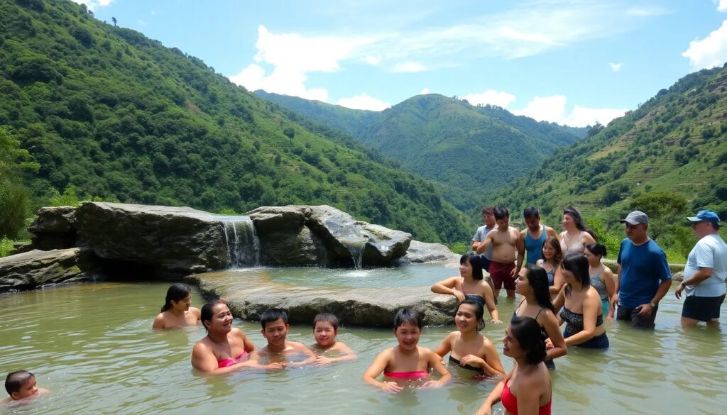 Personas disfrutando en un lago natural rodeado de montañas.