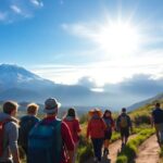 Grupo de excursionistas en montaña bajo sol radiante