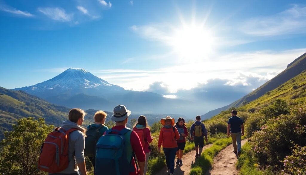 Grupo de excursionistas en montaña bajo sol radiante
