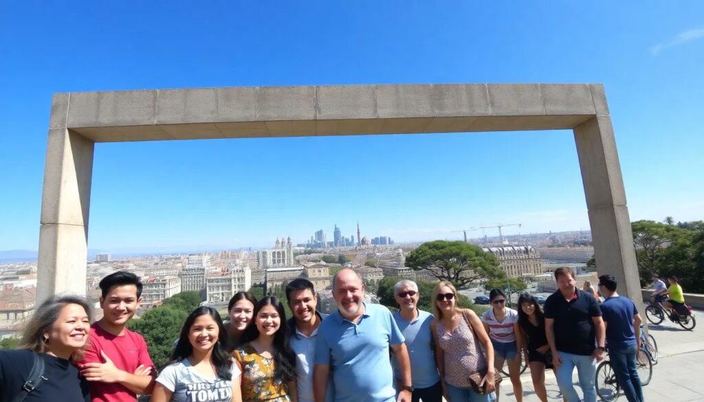 Grupo de personas ante marco con ciudad de fondo.