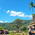 Mercado al aire libre bajo cielo azul y montañas.