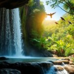 Cascada en selva tropical con aves y vegetación exuberante