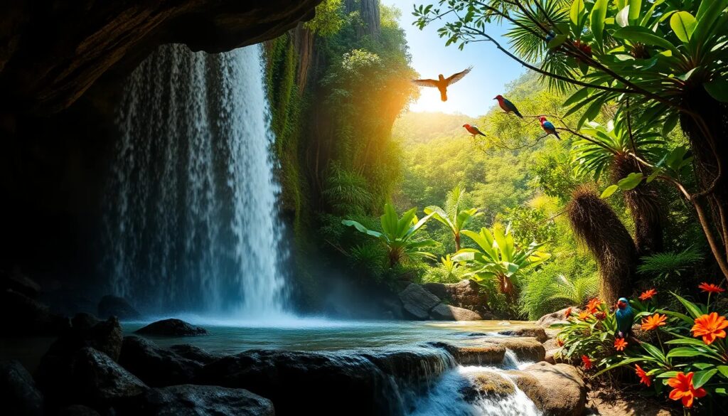 Cascada en selva tropical con aves y vegetación exuberante
