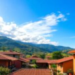 Casas con techos rojos y montañas al fondo